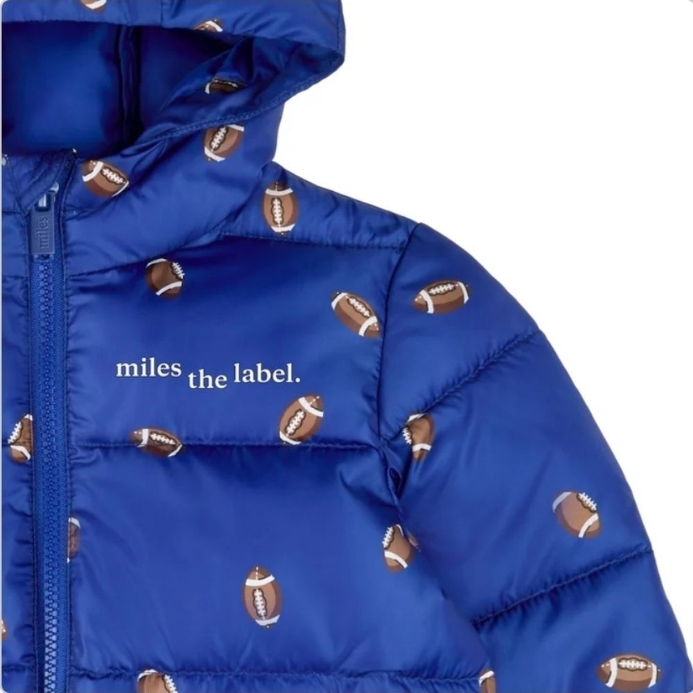 Miles The Label Boys Hooded Puffer Jacket Football Print Blue Size 4T - Picture 2 of 14